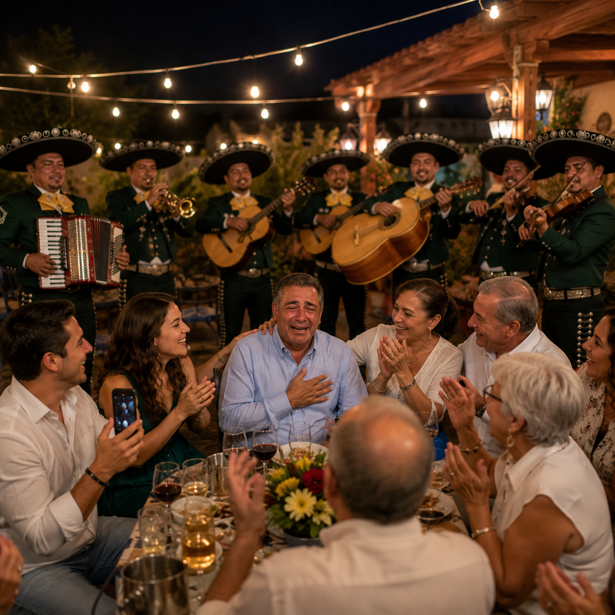 Familia feliz con mariachi para cumpleaños en Valencia