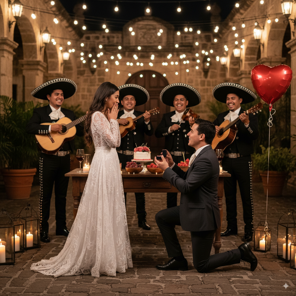 Pareja de novios acompañada por mariachis