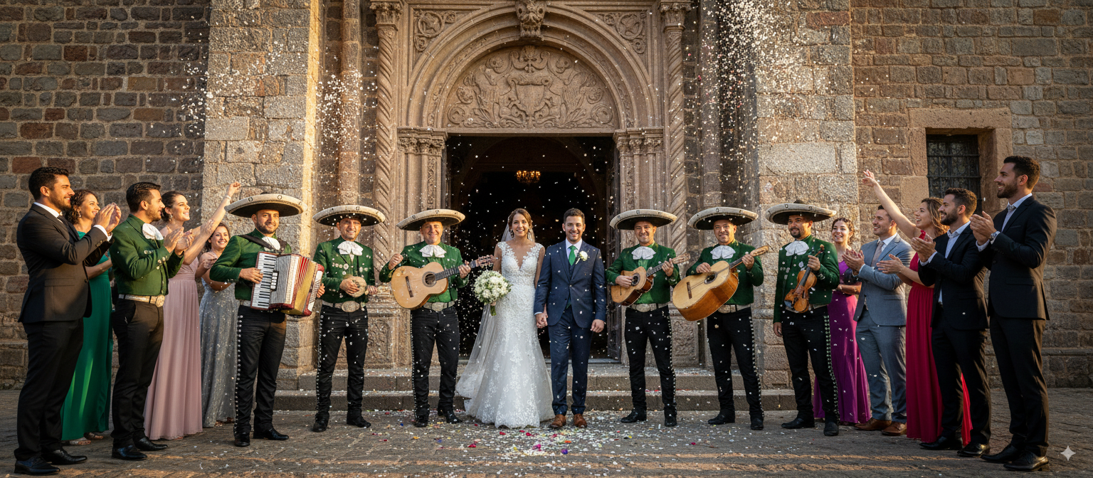 Mariachis con vestuario verde en una celebración